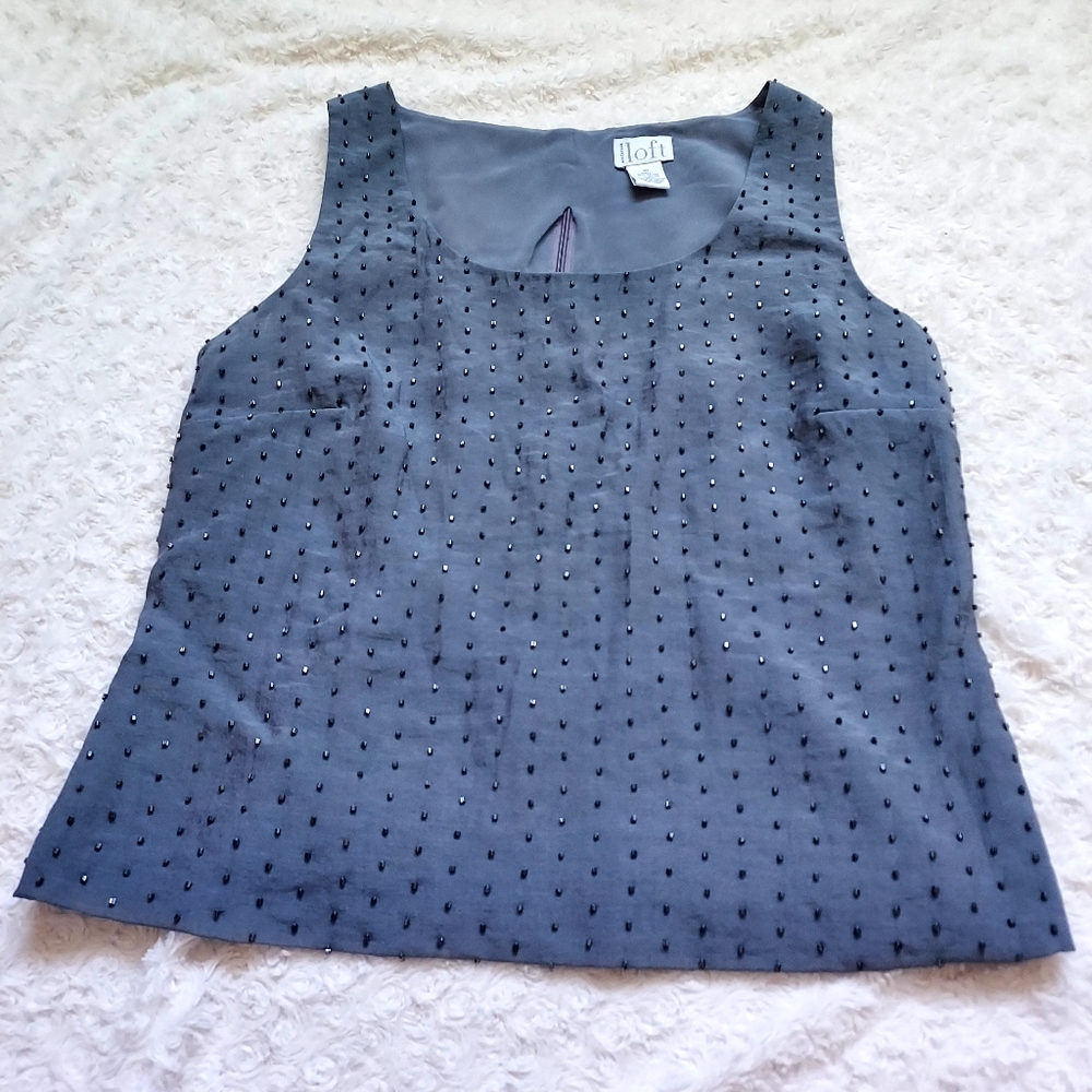 Ann Taylor Loft Chic Beaded Gray Rayon blend top size 10 Layering Career Office